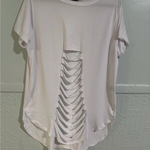 Love White Short Sleeve Top with Ladder Cutout Back Detail